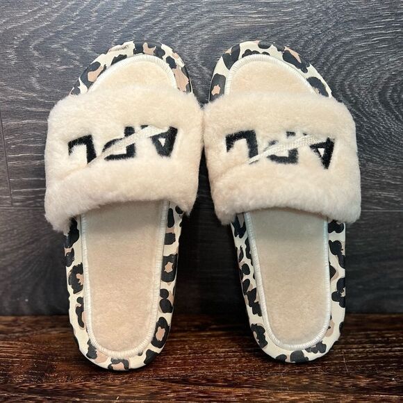 APL Women’s Shearling Slide Sandal in Parchment/Black/Leopard. 🖤🤍🤎 Size 8. NI - Picture 2 of 16